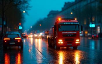 Camion de remorquage Remorquage Express FR de nuit à Paris